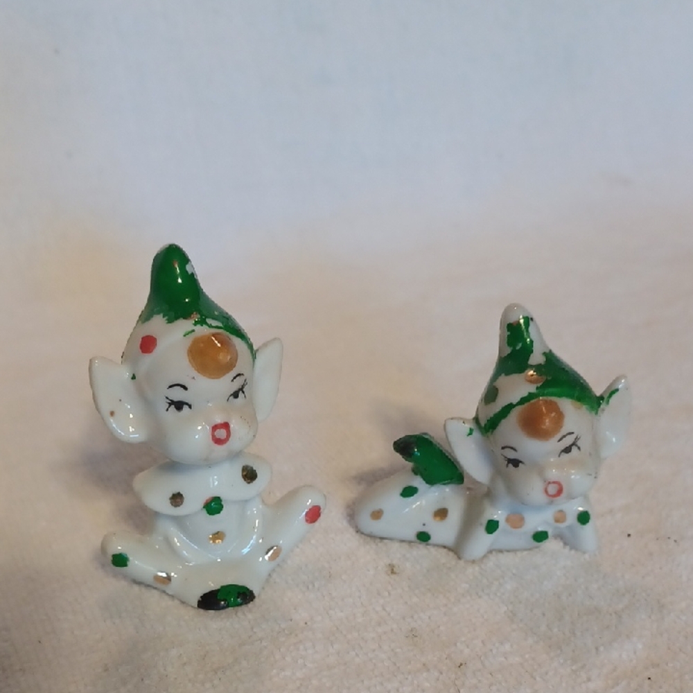 Holiday Elf Figurines - Green and White 1950' JAPAN